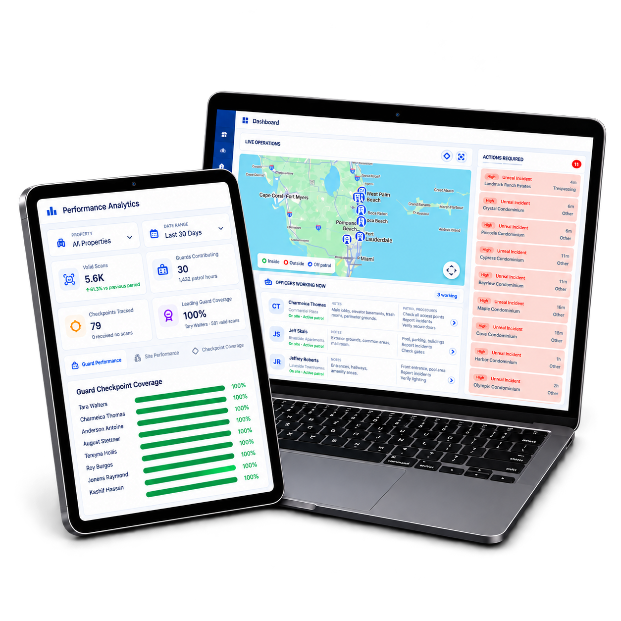 IGS Patrol dashboard on desktop and performance analytics on tablet